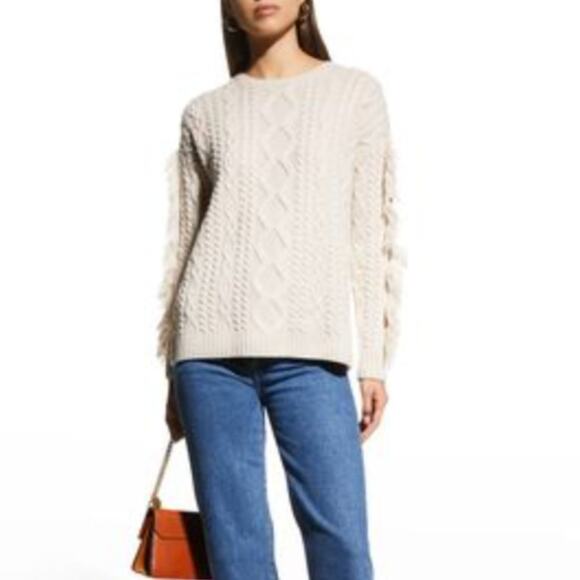NEIMAN MARCUS Cashmere Collection Cable Knit Sweater Fringe Trim Bone Ivory VV7